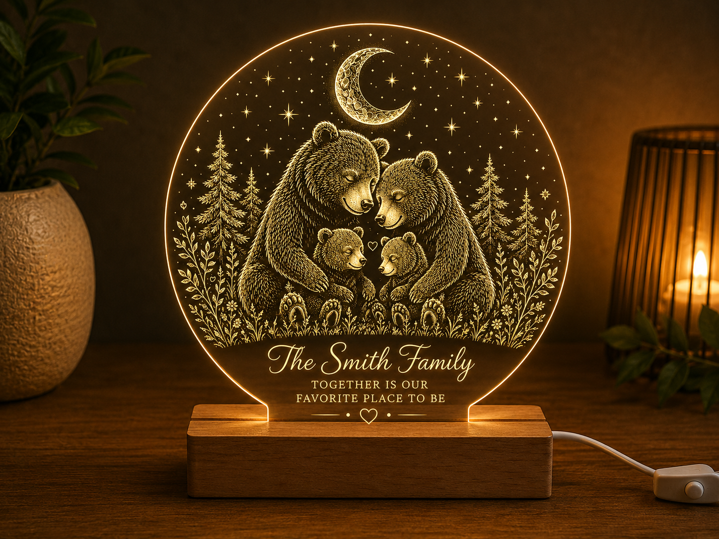 Personalised Bear Family LED Lamp – Custom Family Acrylic Night Light