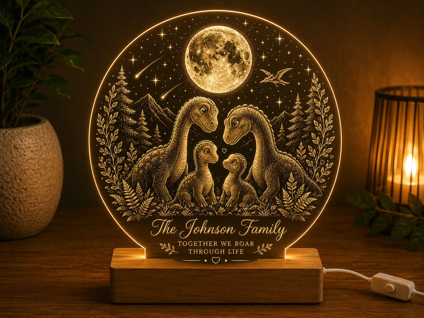 Personalised Dinosaur Family LED Lamp – Custom Family Acrylic Night Light