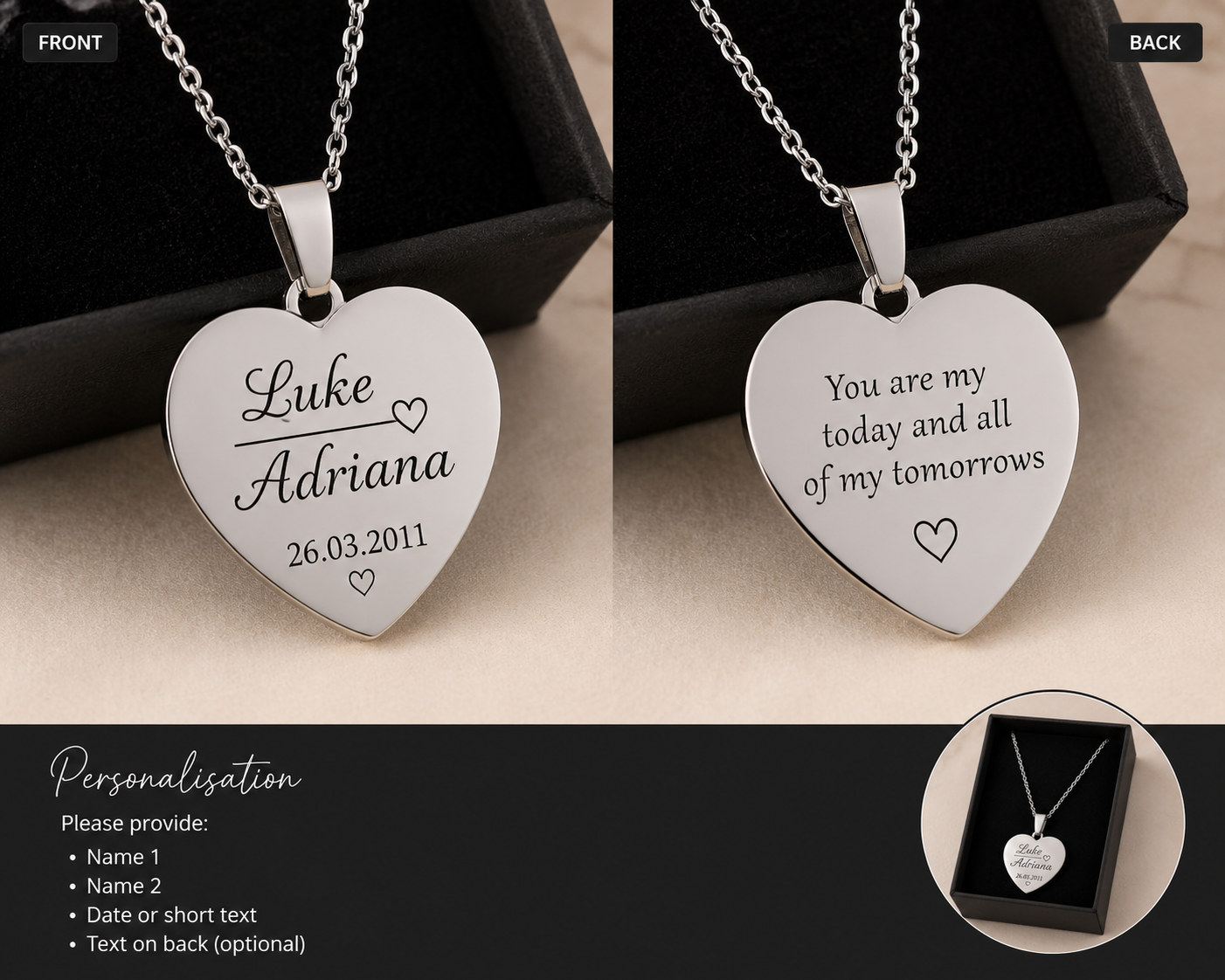 Personalised Heart Necklace – Custom Engraved Names & Date / Own Text - Image 2