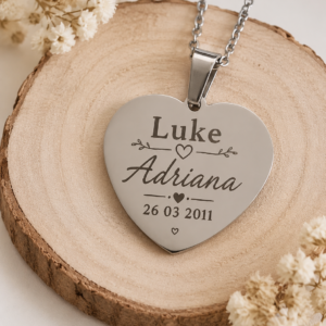 Personalised Heart Necklace – Custom Engraved Names & Date / Own Text