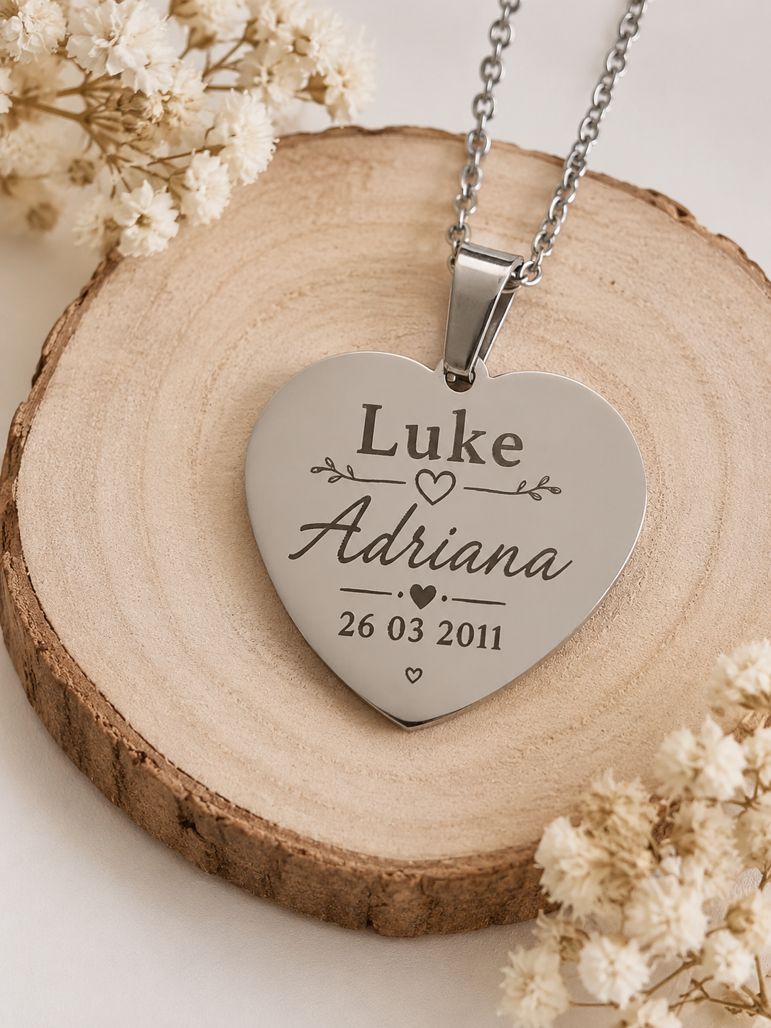 Personalised Heart Necklace – Custom Engraved Names & Date / Own Text