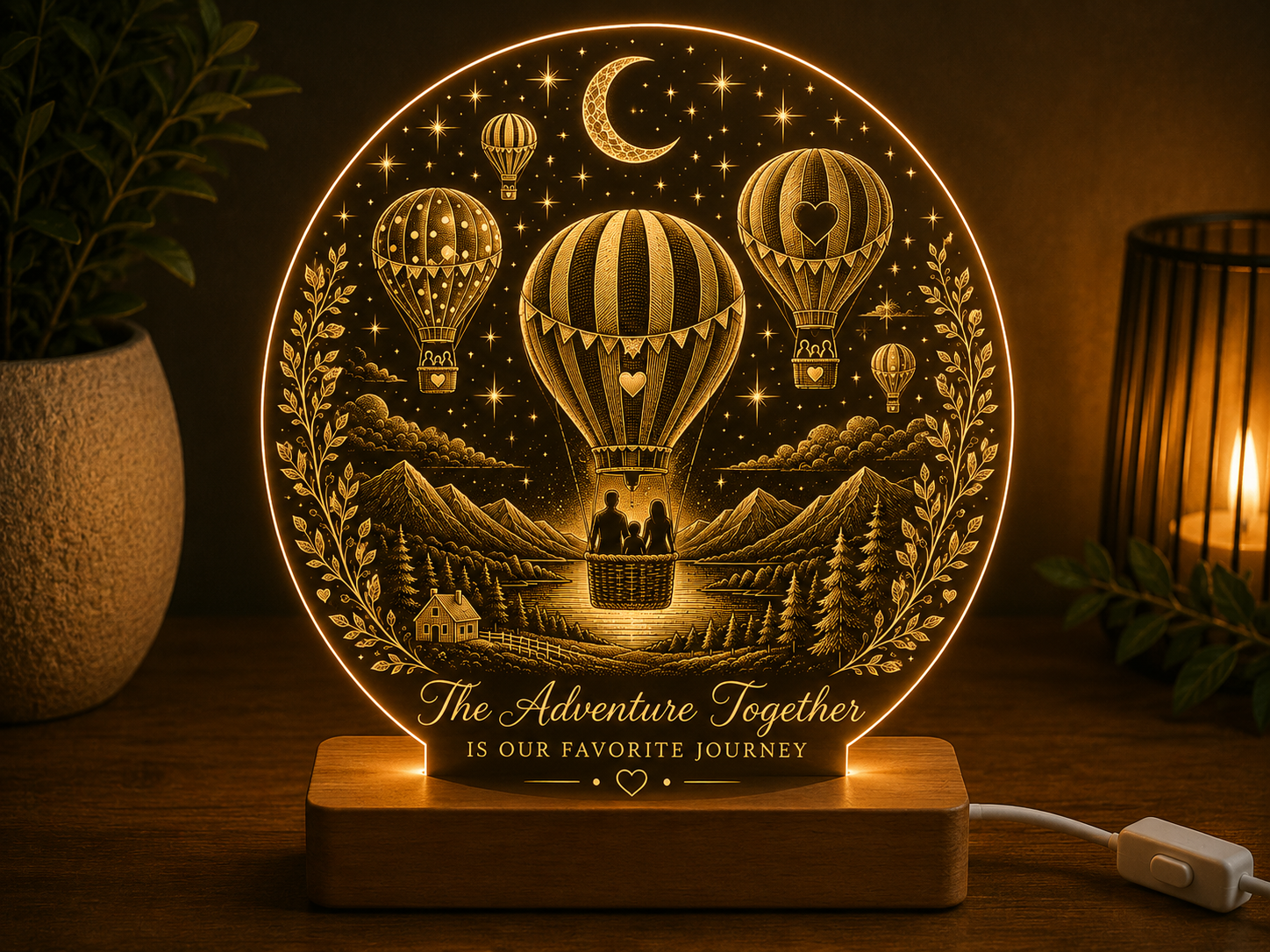 Personalised Hot Air Balloon LED Lamp – Custom Couple Acrylic Night Light