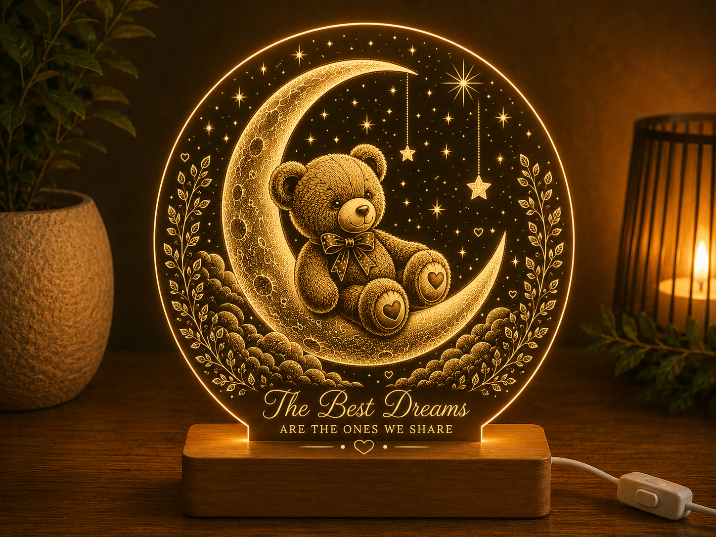 Personalised Teddy Bear Moon LED Lamp – Custom Name Acrylic Night Light