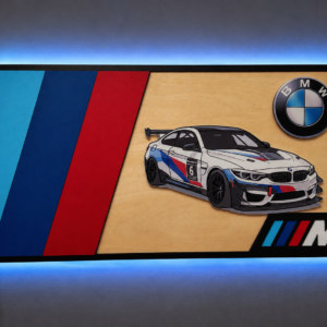 BMW M Style Wall Art – Wooden Car Plaque – 40cm LED Garage Sign