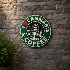 Cannabis & Coffee Wall Sign – Wooden Round Plaque – 20cm Decor Sign