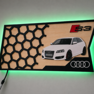 Personalised Audi Wall Art – Custom Car Photo Wooden Plaque – 40cm LED Garage Sign