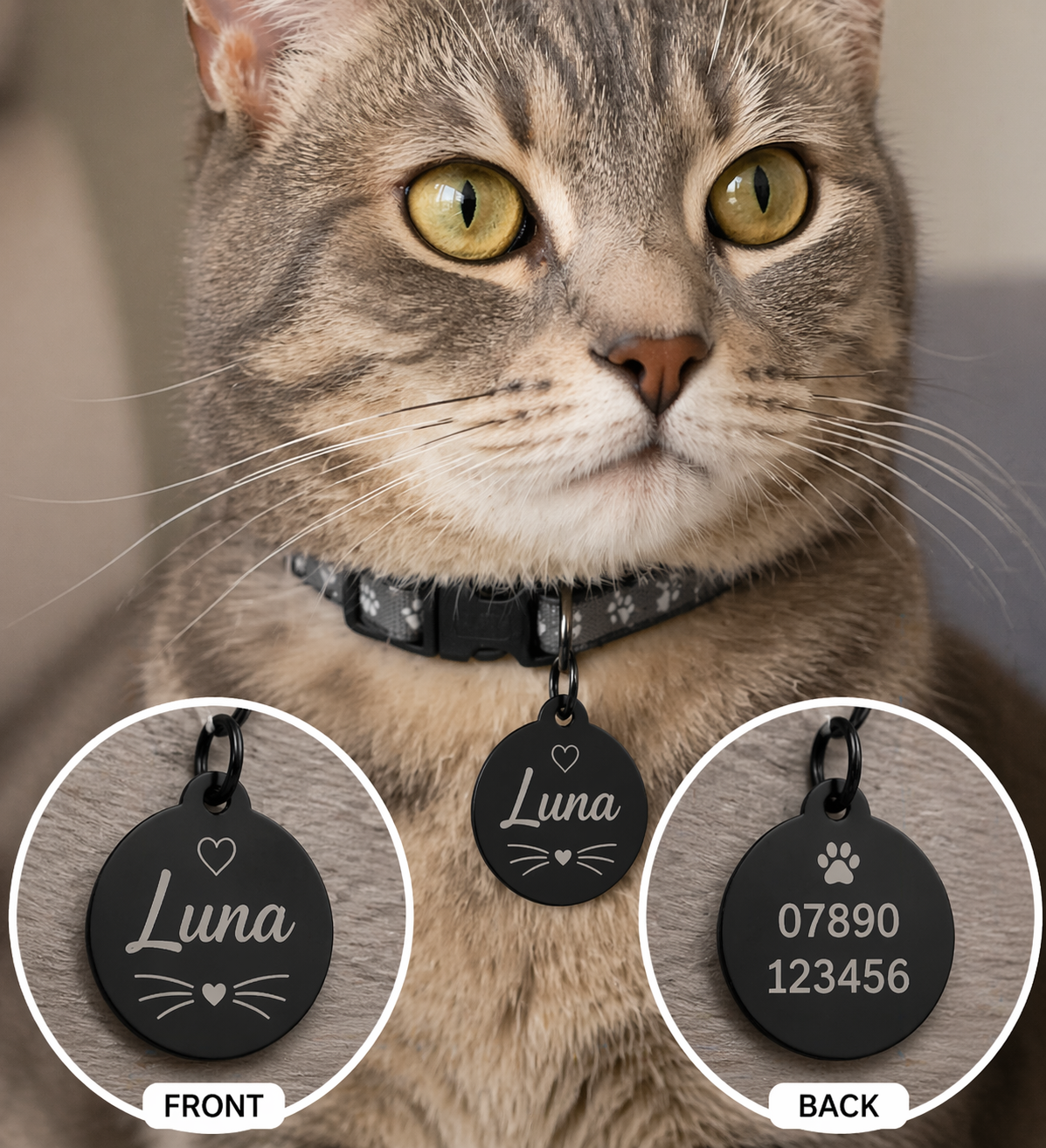 Personalised Cat ID Tag UK – Engraved Name & Phone Number | Double-Sided Pet Tag