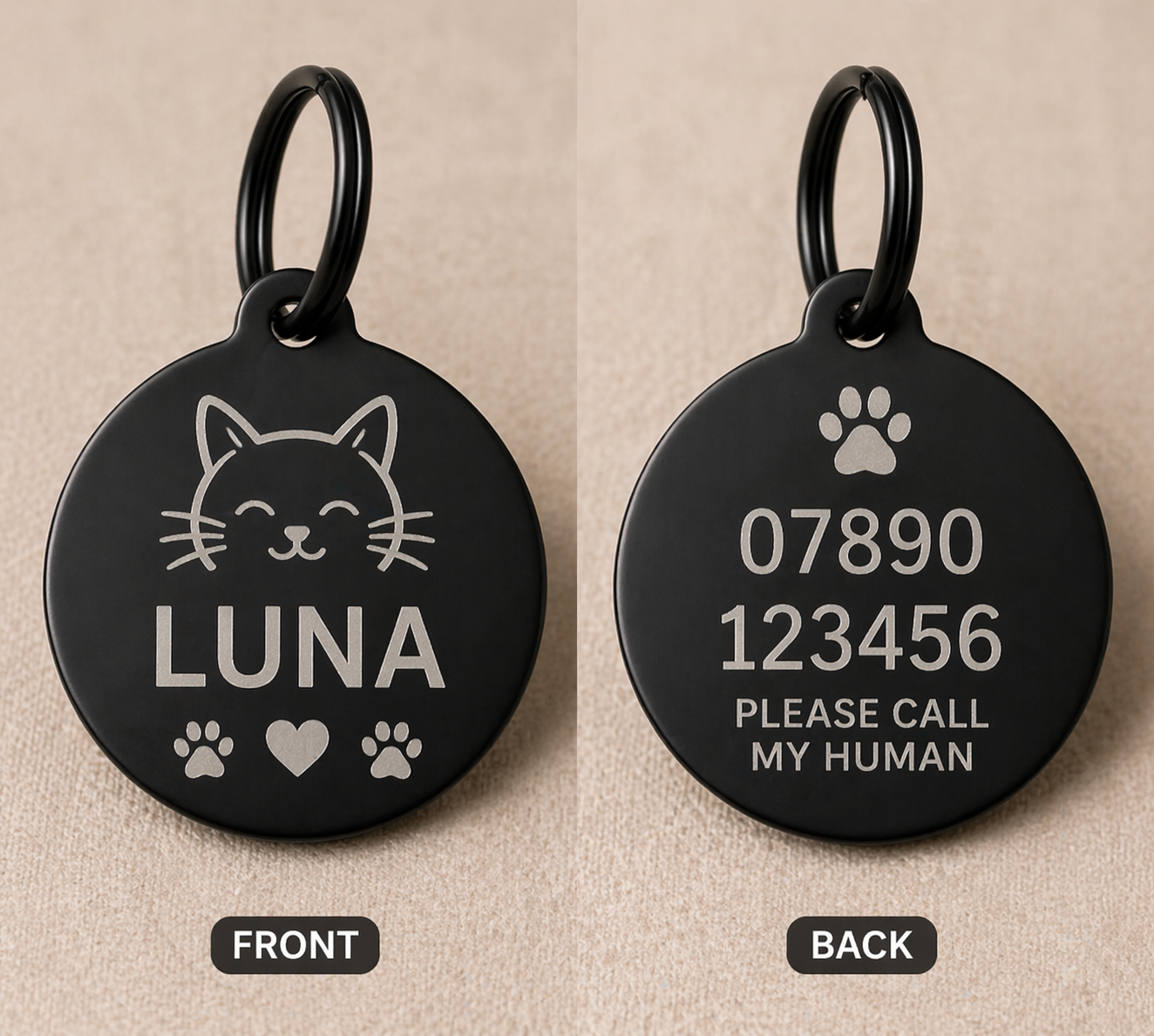 Personalised Cat ID Tag UK – Engraved Name & Phone Number | Double-Sided Pet Tag - Image 2