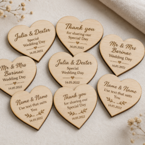 Personalised Wooden Heart Tags - Custom Engraved Names & Dates for Wedding Favours